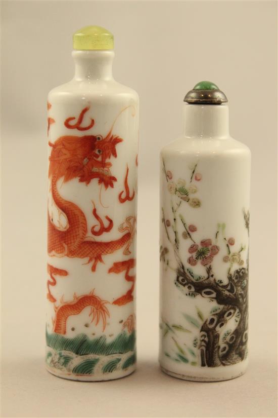 Two Chinese enamelled porcelain cylindrical snuff bottles, 1820-1900, 8.2cm